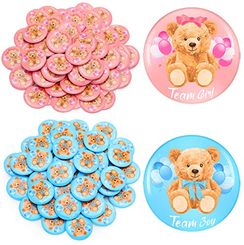 Dingion 100 Pcs Gender Reveal Decoration Pins Team Pink Blue 1.5 Inch Gender Reveal Party Favor Baby Button Pins Baby Shower Badges Bear Party Supplies Gift for Birthday Game Accessories