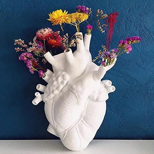 ROSEONE Herzvase Blumentopf Vase Harz,Kreative Harz Skulptur Herz kunstharz Vase Blumentopf Anatomische Herzvase Desktop Heim Dekoration (Weiß)