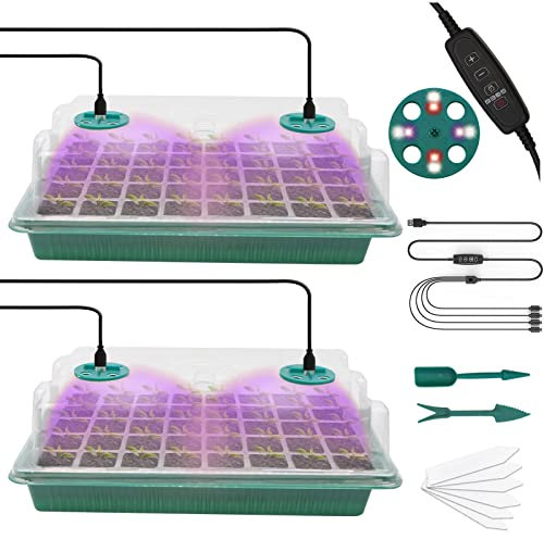 MQFORU Vassoio Germinazione con Luce di Coltivazione, 2 Pezzi 80 Celle Semenzaio per Piantine Mini Serra Propagatore con Luce di crescita Regolabile Luminosità & Umidità Propagatore di Semi Kit