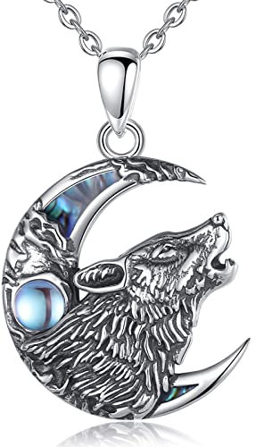 AEONSLOVE Wolf Kette Damen Herren Mond Halskette mit Mondstein Wikinger Wolf Halskette Damen Silber 925 Nordische Mythologie Amulett Anhänger Odin Schmuck Geschenke Männer Frauen