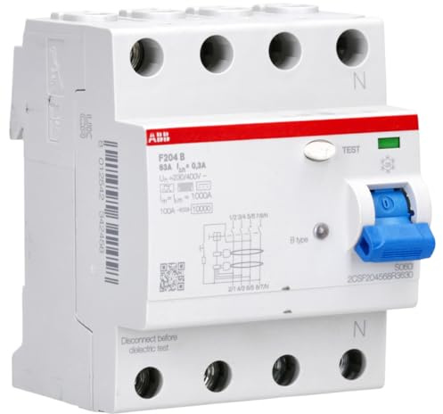 ABB F204 B-63/0.3-L FI-Schutzschalter - Typ B - 4-Polig - 63A - 300mA | Typ A RCCB für Personen-, Sach- & Brandschutz Montage auf DIN-Schiene ideal für Haus Gewerbe & Industrieanlagen