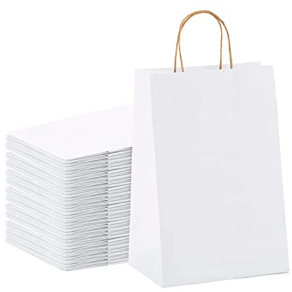Lote 100 Bolsas de papel kraf con asas para regalos. Bolsas para comercios, ir al la compra de papel biodegradable, bolsas reutilizables para regalar (BLANCAS)