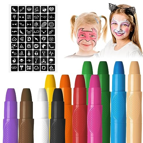 Clundoo 12 Farben Schminkstifte Kit, Rotierende Wachsmalstifte mit Eine Große Vorlage, Abwaschbare Kinderschminke Set, Einfach zu verwenden, für Geburtstagsfeie/ Fasching/ Weihnachten/ Halloween