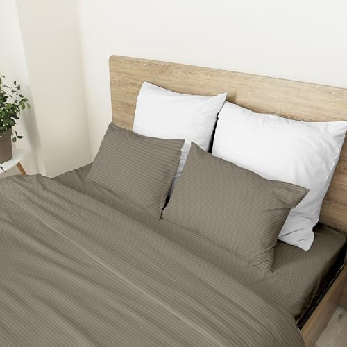 Ruggeri Set Lenzuola Completo Letto Matrimoniale in Raso, Righe Tortora | 1 lenzuolo sopra 250x290 cm, 1 lenzuolo con angoli 170x200 cm alto 25 cm e 2 federe 50x80 cm con chiusura a sacco di 20 cm