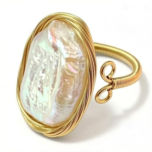 Andaxe Handcrafted Baroque Pearl Ring Winding Design Opening Adjustable 14k Gold Plated Material, White