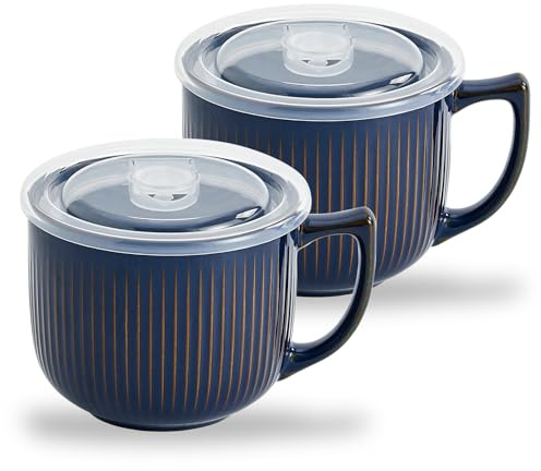 Hoilse Cuencos de sopa de cerámica con asa y tapa ventilada, taza de sopa grande y profunda de 32 onzas con tapa, cuencos de ramen de viaje para fideos instantáneos y cereales, juego de 2, aptos para