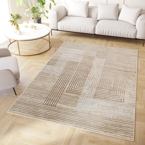 TAPISO Crystal Teppich Kurzflor Glänzend Braun Creme Weiß Streifen Geometrisch 3D Effekt Wohnzimmer Schlafzimmer Modern Design ÖKO-TEX 300 x 400 cm | Geometrisch 3D Effekt Wohnzimmer Schlafzimmer Modern Design OEKO-TEX