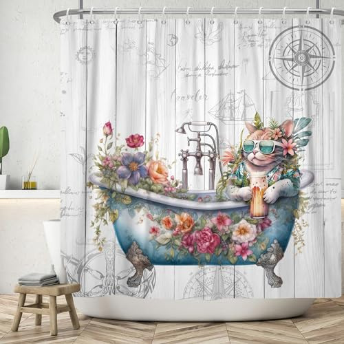 ASDCXZ Divertida Cortina de Ducha 180x180 cm, Fondo Marítimo de Madera Vintage Gato Divertido Flores Hojas Cortinas de Ducha Lavables Tela de Cortina Ducha de Baño Impermeable con 12 Ganchos