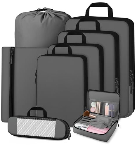 Otauoaea Koffer Organizer Set mit Kompression [8-teilig] - Compression Packing Cubes - Travel Organizer Packwürfel Packtaschen für Koffer - Kofferorganizer mit Kleidertaschen, Kosmetiktasche - Grau