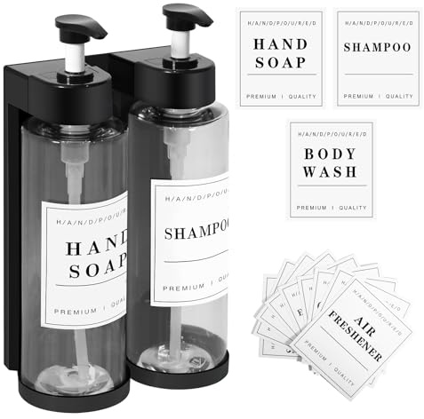 Tvåldispenser Väggvätska, 2 x 300 ml Schampo och Duschtvål, Tvåldispenser Badrum Dusch med etiketter, Uppladdningsbar Flytande Tvålhållare för Badrum Dusch Schampo Balsam