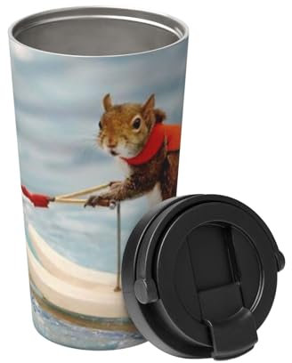 Isolierter Kaffeebecher, Wasserski, Fuchs, Eichhörnchen, Reise-Kaffeebecher, Edelstahl, vakuumisoliert, für heiße und kalte Getränke, Geschenke für Männer und Frauen, 500 ml