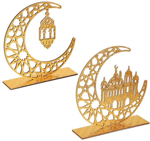 2 Stück Holz Eid Mubarak Ramadan Kareem Dekorationen Eid Tisch Zeichen Mond Hohle Stern Freistehend Tisch Centerpiece Hängende Ornamente Tischdekoration für Muslim Islam Tischdekoration