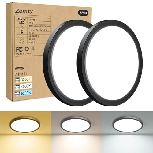 zemty 2Stück/3Farben 3000/4000/6500K LED Deckenleuchte Flach, 15W 1800LM Ø18cm Deckenleuchten, Schwarz Rund Ultra Dünn Deckenlampe LED Lampen Deckenlampen,Deckenbeleuchtung für Badezimmer,Küche