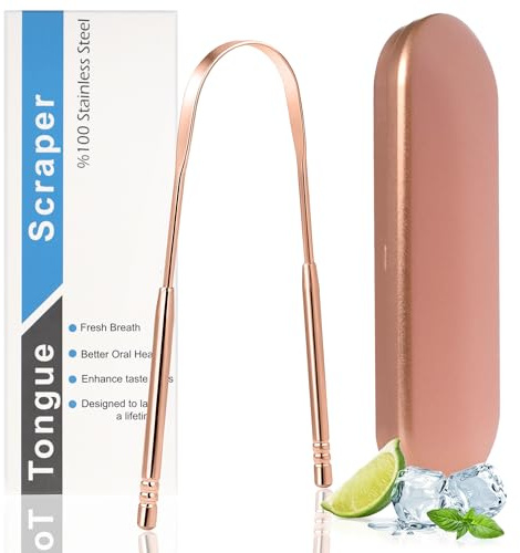 Tongue Scrapers for Adults, Oral Hygiene for Fresh Breath, Stainless Steel Tongue Cleaner, Metal Tongue Scraper with Case (Pink, 1 Pcs)