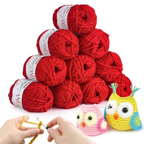 YINVA Häkelgarn 10Pcs x 25g Acryl Wolle Zum Häkeln Creme Wolle Zum Stricken Häkelwolle für Anfänger Crochet Yarn für Häkeln Stricken und Handwerk-Rot