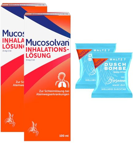 MUCOSOLVAN® Inhalationslösung 2 x 100 ml - Schleimlösung für Vernebler bei Husten: Löst den Schleim, erleichtert das Abhusten & befreit die Bronchien, mit 2 Duschbomben