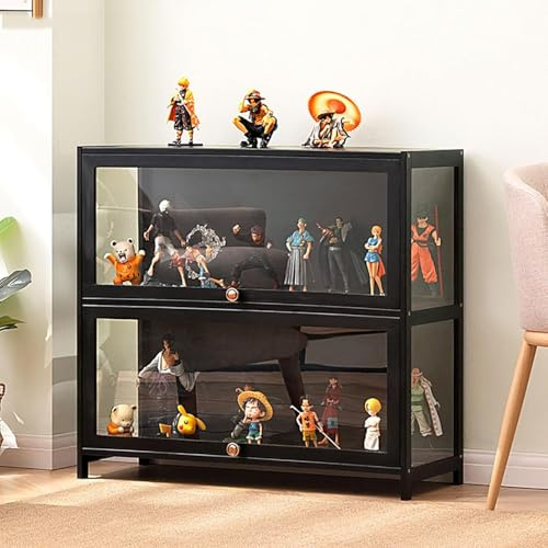 Hynbdes Glasvitrine, Wohnzimmervitrine, Vitrine, Starke, dichte und staubdichte Struktur, geeignet für Verschiedene Szenarien (Zwei Schwarze 80 * 33 * 73 Ebenen transparent auf DREI Seiten)