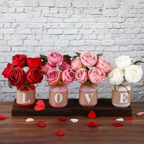 RimCereal 19 Pcs Fall Thanksgiving Centerpieces for Tables Autumn Mason Jar Table Decor Artificial Floral Arrangement Thanksgiving Fall Decor for Home Table Dining Room Indoor(Valentine's Day)