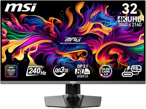 MSI MPG 322URXDE QD-OLED, 32-Zoll,4K UHD, 3840x2160,OLED Monitor, 240Hz, 0.03ms, DisplayHDR True Black 400, G-SYNC Kompatibel, HDMI 2.1, DP 2.1a, USB C (98W PD), Höhenverstellbar, Schwarz