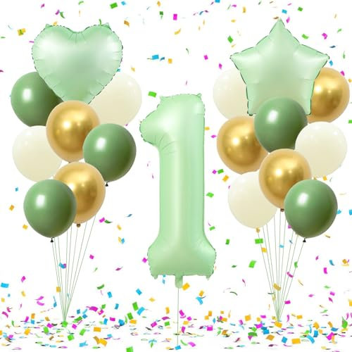 KOBOKO Luftballon 1. Geburtstag Junge, 18 Stück 40 Zoll Olivgrün Zahl Folienballon, Grün Gold Beige Luftballons für Junge Mädchen, Herz Stern Helium Ballons Deko 1 Jahr