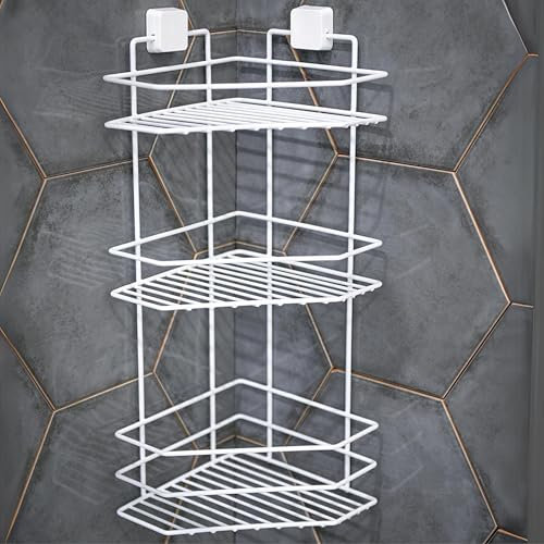 3FlexHome No Drill Corner Shower Caddy Shelf – Rustproof, Adhesive, Wall-Mounted Bathroom Storage Organiser, Large Capacity 3-Tier Shower Rack (White)