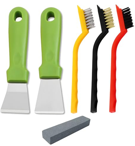 JXPXJMY 5 Pezzi Set di Strumenti per la Pulizia, Inclusi 2 Raschietti e 3 Spazzole, Raschietto Multifunzionale in Acciaio Inox con Pietra Affilata per Pentole Forno e Scarico a Pavimento (Verde)