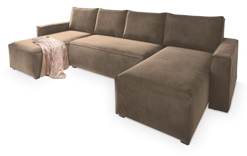 Masseno Ecksofa Deni mit Schlaffunktion U-Form, Sofa mit Bettkasten, Wohnzimmersofa, Couch, Soffa, Bettsofa, Couchgarnitur- Beige, Monolith 09