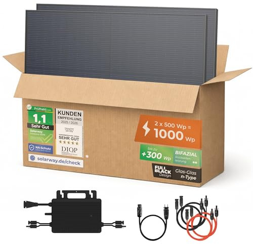 Solarway® Balkonkraftwerk 800W mit 1000Wp Solarmodulen – Komplettset mit Hoymiles HiFlow 800 PRO Wechselrichter – 2× 500Wp bifaziale Black Solarpanels – Mini PV Anlage für Steckdose inkl. Zubehör