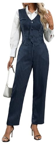 SOLY HUX Women's 2 Piece Outfits V Neck Button Down Sleeveless Blazer Vest and Pants Work Office Set Blue Striped Small