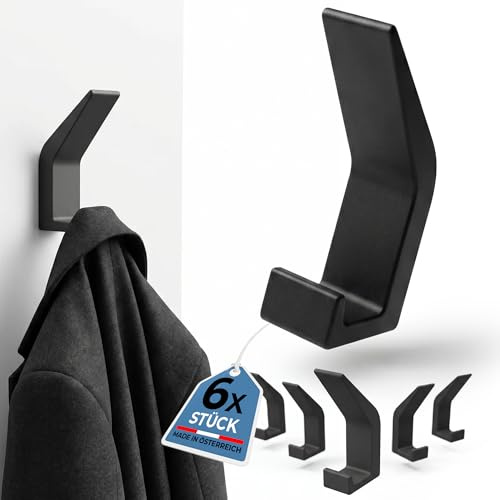 Moderne edle Wandhaken Set, 6 Stück Garderobenhaken & Kleiderhaken in Schwarz Matt, 3D-gedruckt in Österreich, Unsichtbare Montage, Minimalistisches Design für Garderobe