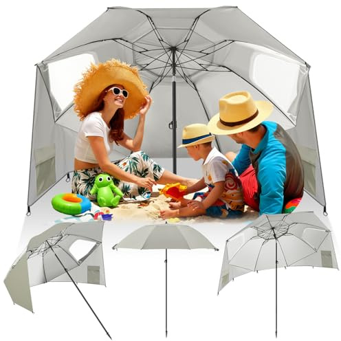 Fiqops 2 in 1 Sonnenschirm Strandmuschel für Strand Garten, Khaki, UV50+, 45° Neigung mit schwenkbarem Kopf, Ø210x230cm, Eisen