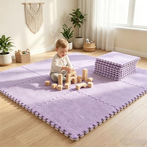 12 piezas de peluche entrelazadas, 30 x 30 cm de espuma de puzzle, alfombra de rompecabezas para bebé, alfombra de suelo de espuma, alfombra para salón, dormitorio, morado claro