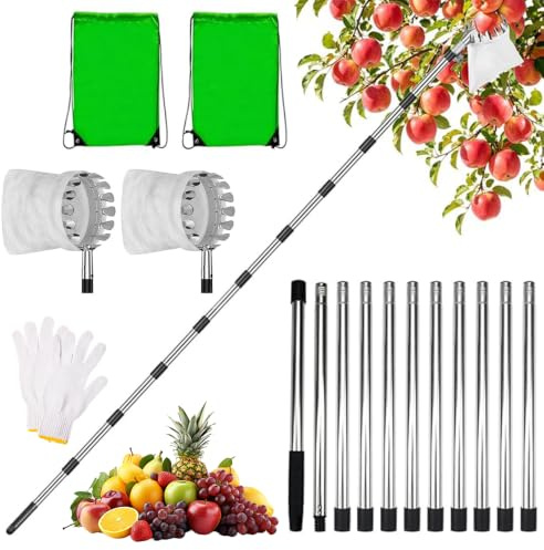 JYQOQH Raccoglitore per mele da 4,2 m, con manico telescopico, testa regolabile, guanti e borsa per cestino, raccogli frutta in acciaio inox, strumento per raccogliere pesche, mele, pere