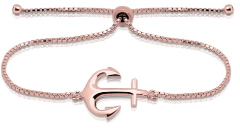 Hoops & Loops 925 Sterling Silver Sailor Anchor High Polished Hypoallergenic Anti-Tarnish Adjustable Bracelet for Women Men Teen, Rose Gold