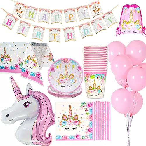 Jolily Décorations Anniversaire Licorne Pack Fournitures Vaisselle 16 invités 1 Nappe Housse 16 Tasses 16 Assiettes 16 Serviettes 1 bannière Happy Birthday 1 Licorne géante 10 Ballons Roses