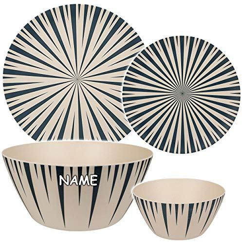 alles-meine.de GmbH 4 TLG. Geschirr Set - Kunststoff - 2 Teller + Schale + Schüssel - Retro & Nostalgie Design - blau/Creme - inkl. Name - BPA frei - rund Kunststoffteller/Ku..