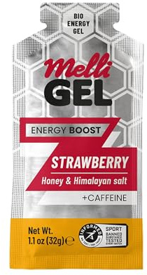 Bio Energy Erdbeere und Koffein MelliGEL Energiegel mit Honig & Himalaya-Salz – Sportgel für schnelle Energie – Energie Gel für Laufen & Radsport – Power Gel Sport – 384g, 12er Pack