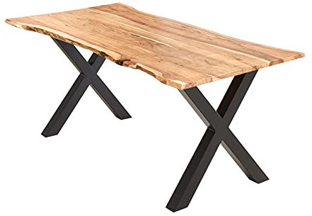 SAM Esstisch 120x80 cm Burgos, Akazienholz massiv + naturfarben + lackiert, echte Baumkante, Baumkantentisch mit X-Gestell aus Metall schwarz, Tischplatte 26 mm