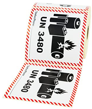 Prolac Aufkleber, Gefahrgutaufkleber UN 3480 Enthält Lithium-Ionen-Batterien, 500 Stück, 100 x 100mm, Etiketten selbstklebend, Versandetiketten, Ettiken selbstklebend, Gefahrengut Aufkleber