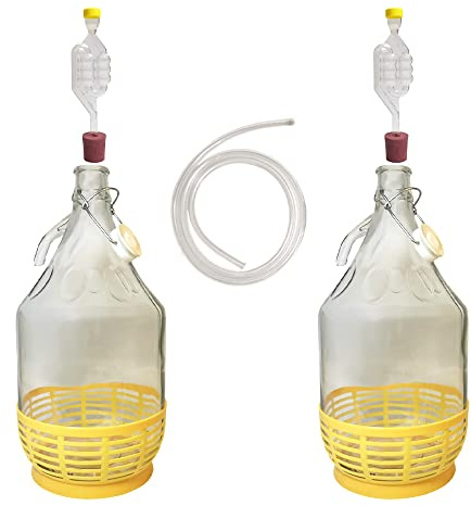 DIAH DO IT AT HOME 2X 5L Glass Demijohn Set with Airlocks, Bungs & Syphon Tube - Complete DIY Wine Making Kit for Beginners - 5 Litre Carboys with Protective Baskets for Home Brewing (Set of 2)