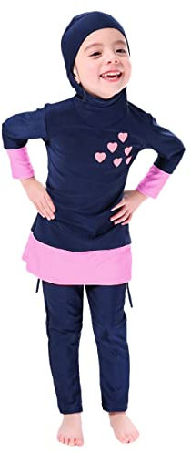 FYMNSI Kinder Baby Mädchen Muslimischen Badeanzug Modest Islamischen Ganzkörper Full Cover Langarm Top Hijab Hose Burkini Set Wassersport Surfen Outfit Bademode Schwimmanzug Marineblau 9-10 Jahre