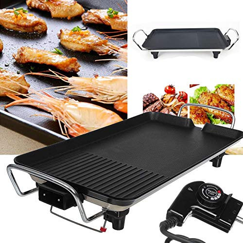 ZanGe Large Electric Table Grill, BBQ Griddle with Non-stick Hot Plate with Adjustable Thermostat, 5 Gear Temperature - 48 x 27 x 8 cm Teppanyaki Table Top Grill