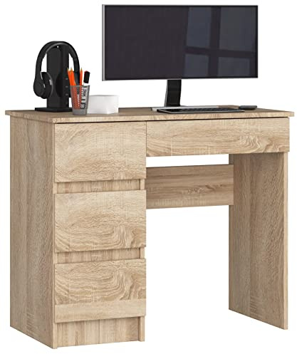 AKORD Schreibtisch A7 90 cm | 4 Schubladen Links | Computertisch | Für Zuhause | Für das Büro | Für die Arbeit | B90 x H77 x T50 cm | Gewicht 30,5 kg | Sonoma Eiche/Sonoma Eiche