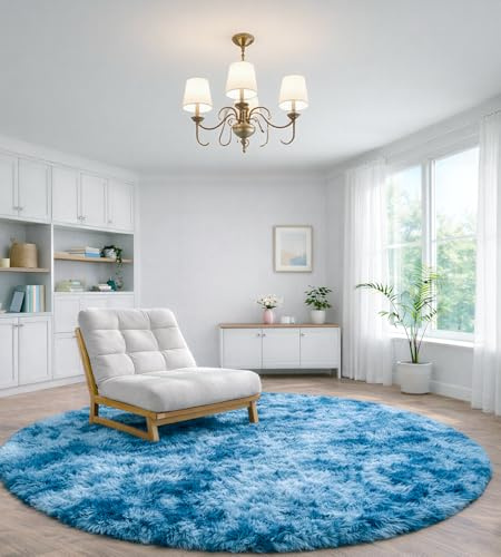 VOFUSHON Teppich Wohnzimmer Rund 150 cm Batik Blau | Hochflor, Waschbar, OEKO-TEX Zertifiziert, 35D Rückprallschaum, Schlafzimmer, Rutschfeste Unterseite, Flauschig
