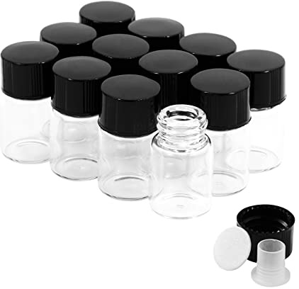 Cadbibe Lot de 12 flacons en verre transparent de 2 ml avec bouchon à vis et bouchons en plastique, petites bouteilles en verre anti-fuite pour liquide, poudre, échantillons et petits objets