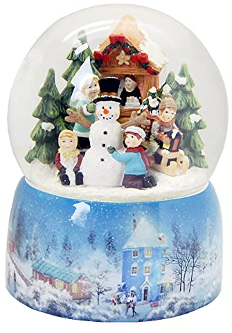 Schneekugel Spieluhr Nostalgie Mega-Format Schneemann Bauen mit Kinder auf Sockel Winterlandschaft | 150mm Durchmesser 200mm hoch | Schüttelkugel - Glitzerkugel | 20064