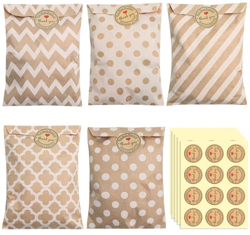MOSTFUN 60 Piezas Bolsa Papel Kraft Regalo con Pegatinas Pequeñas, 16x13cm Bolsas de Papel de Caramelo para Cumpleaños, Bodas, Fiestas, Halloween, Navidad (5 Diseños)