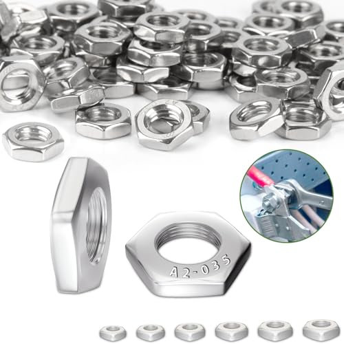 Nenull Dadi esagonali M4 (forma bassa, con smusso), 100 dadi piatti DIN439, in acciaio inox A2 V2A, dado esagonale per ferro e viti, bulloni filettati, acciaio, legno, macchine e mobili