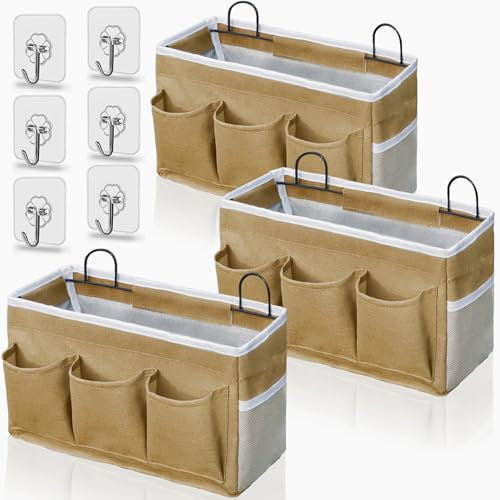 Kanrichu Große Organizer-Tasche mit 3 Fächern zum Aufhängen an der Wand, Leinenstoff, Aufbewahrungskörbe mit Taschen, wasserdichter Eimer für Küche, Schlafzimmer, Büro, Wohnmobil, 3 Stück, Khaki