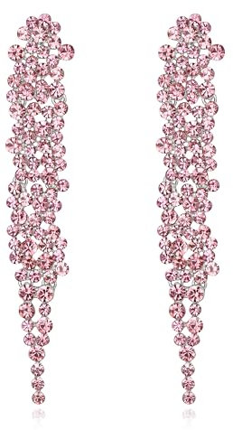 EVER FAITH Statement Ohrringe Strass Kristall Bankett lange Kronleuchter baumeln Ohrstecker für Damen Prom Hochzeit Braut Rosa Silber-Ton